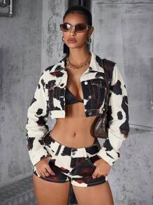 Jeanoix 女士短款奶牛印花牛仔夹克