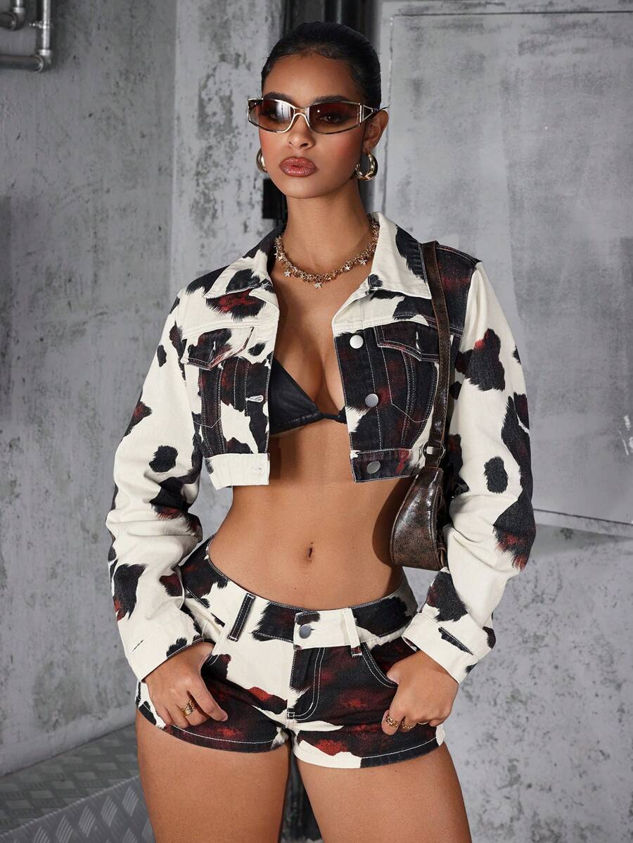 Jeanoix 女士短款奶牛印花牛仔夹克