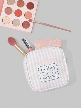 Kawaii Bolsa de maquillaje acolchada con diseño de rayas y números y letras de dibujos animados, portátil y espaciosa, bolsa cosmética cuadrada pequeña, 1398266