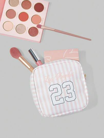 Kawaii Fashionable Cartoon Striped Number & Letter Padded Makeup Bag, Portable & Spacious Small Square Cosmetic Pouch, 1398266