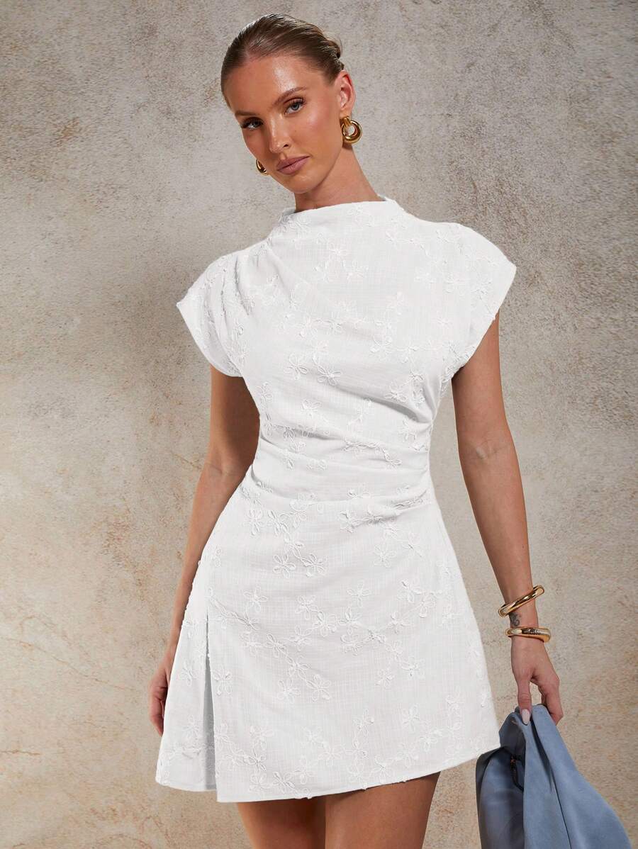 COSMINA 女士纯色优雅短袖迷你连衣裙 - 白色 - 查看 1