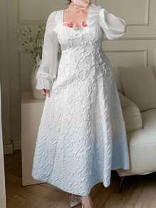 Modelyn Vestido de línea A con cintura ceñida, decoración floral degradada azul, talla grande - Azul - Ver 3