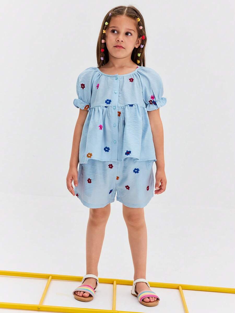 Leap Crew Leap Crew Conjunto de 2 piezas de camisa de manga abullonada y pantalones cortos con dobladillo con volantes, de corte holgado y sencillo, cómodo, para niñas jóvenes - Azul - Ver 1