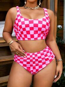 SHEIN Swim Curve 大码女式黑白格子分体两件套泳衣套装，时尚休闲度假 - 彩色 - 查看 5