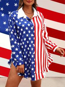 SHEIN LUNE Plus Size Women Independence Day American Flag Digital Print Ruffle Collar Button Loose Blouse - Multicolor - View 5