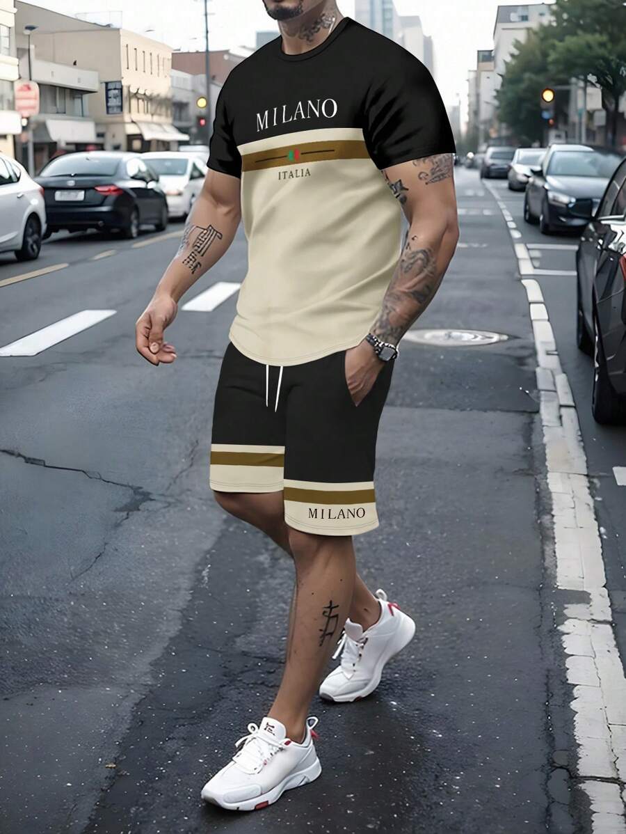 Manfinity Homme 男士字母印花圆领短袖休闲T恤和抽绳腰短裤套装 - 彩色 - 查看 1
