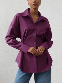 Aveloria Modichic Áo sơ mi dài tay thường ngày cho nữ, dáng rộng rãi có thể điều chỉnh, cổ ve áo thiết kế bất đối xứng, thoải mái khi đi làm - Màu Đỏ Sâu - Xem 4