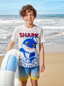 BABY SHARK X SHEIN 青少年男孩酷炫卡通鲨鱼印花短袖夏季T恤 - 白色 - 查看 2