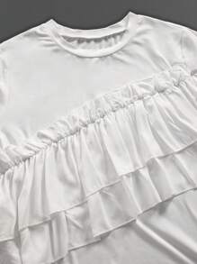 Women's Solid Color Round Neck Short Sleeve Ruffled Hem Fashion T-Shirt, Summer - White - View 4