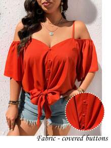 EMERY ROSE Plus Size Fashionable Casual Vintage V-Neck Off-Shoulder Tie Front Blouse - Coral Orange - View 3