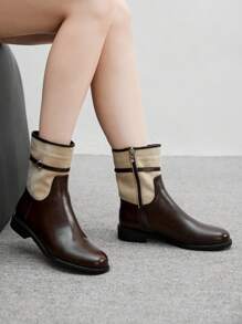 CUCCOO BIZCHIC Botas femininas estilo britânico, fecho de zíper lateral, adequadas para uso diário, confortáveis e versáteis, bico redondo, salto baixo e grosso