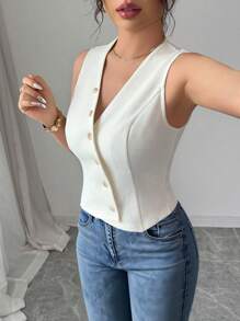 Elenzga Camiseta sin mangas con cuello en V y botones frontales, elegante para el trabajo en verano - Albaricoque - Ver 5