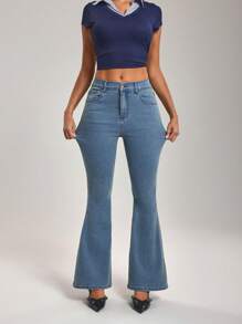 SHEIN Tall 女式宽松休闲百搭喇叭牛仔裤 - 藍色 - 查看 4