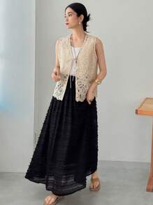 FRIFUL 女士 V 领镂空无袖钩针开衫，女士海滩度假 - 杏色 - 查看 2