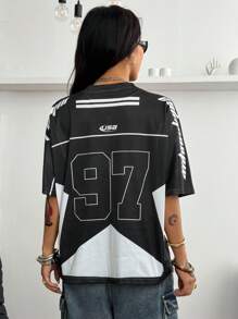 Coolane Women's Spring And Summer Y2K Streetwear Vintage Breathable Mesh Graphics Number Pattern  Black Football  Jersey T-Shirt - Black - View 4