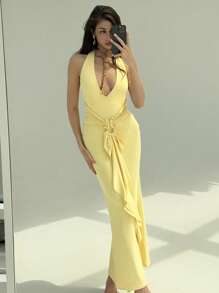 Aloruh Women's Solid Color Deep V Neck Sleeveless Backless Ruffle Hem Yellow Dress, Sexy For Summer - Yellow - View 5