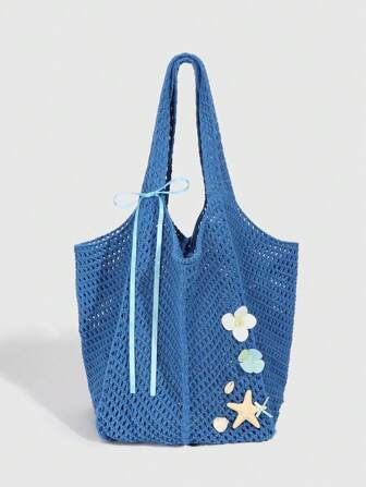 Fairycore 1 pieza Bolso de tote de hombro azul para mujer de gran capacidad con estilo de resort de playa tropical, diseño recortado de conchas marinas, estrellas de mar y flores