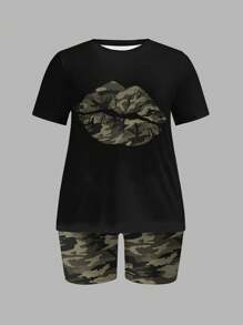 Slaydiva Bộ 2 sản phẩm/Bộ Áo thun cổ tròn tay ngắn họa tiết ngụy trang lễ hội âm nhạc + Quần rằn ri, size lớn, phù hợp cho mùa hè - Nhiều màu - Xem 2