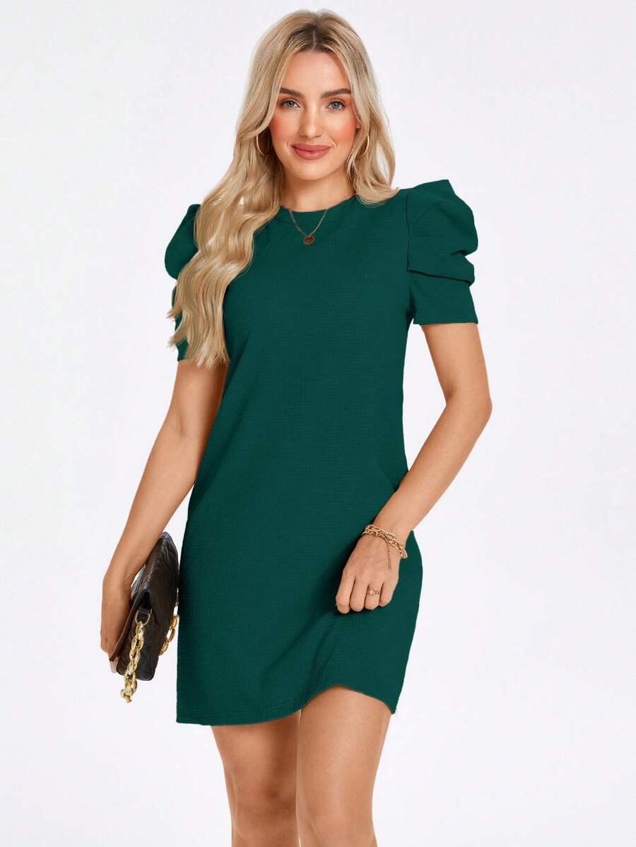 SHEIN LUNE Solid Puff Sleeve Keyhole Back Dress