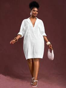 Slaydiva 大码纯色落肩袖夏季宽松纹理面料休闲连衣裙 - 白色 - 查看 8