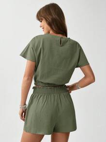 SHEIN LUNE 2 件套休闲水洗绉棉透气短款修身衬衫 + 裙子套装女士 - 軍綠色 - 查看 3