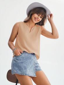 SHEIN LUNE 缺口領無袖襯衫 - 杏色 - 查看 2