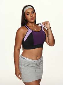 SHEIN Sport Studio Plus Size Colorblock Sports Bra, Adjustable Waist, High Support Polyester Underwear