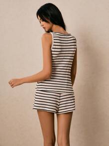 Poéselle Black And White Striped Suit With Button Decoration,2pcs Summer Casual Striped Vest And Shorts Set Women Summer Sets. Work Summer  Sets,Poeselle - Black and White - View 6