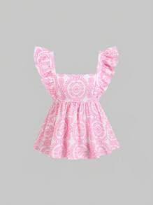 Sweetra Áo cánh tay bo eo cổ vuông cổ điển dành cho nữ, áo sơ mi ngày lễ mùa hè giản dị thời trang - Hồng - Xem 1