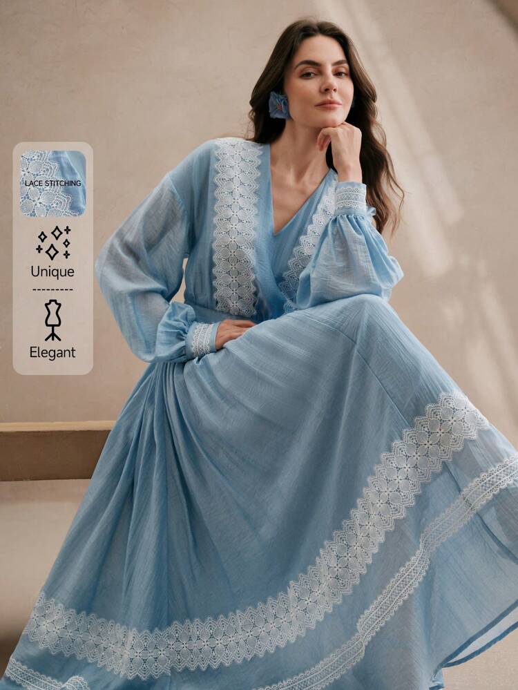Women's Mid-Length Romantic French Lace Trim Vacation Elegant Color Block Flared Blue Fitted Dress