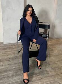 SHEIN SXY Set de 3 piezas: Blazer de manga larga azul profundo, chaleco y pantalones, conjunto sexy para ir al trabajo y citas, otoño/invierno