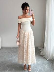 Elenzga Vestido midi elegante de alta gama de línea A con hombro asimétrico elástico de punto, cintura asimétrica, aplicación de flor de rosa 3D y bajo acampanado, adecuado para fiesta, festival, vacaciones, en color crema francés albaricoque - Albaricoque - Ver 3