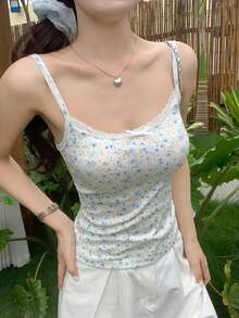 DAZY 女款碎花蕾絲網紗吊帶上衣 度假穿搭 夏季日常 白色與藍色碎花可愛圖案T恤 - 藍色 - 查看 3