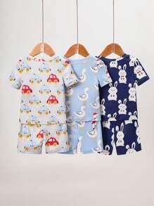 6pcs/Set Infant Boys Cartoon Duck, Rabbit, Car Pattern Short Sleeve Tee & Shorts Soft Comfortable Summer Sleepwear Set - Multicolor - View 2