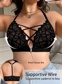 SHEIN 1pc Plus Size Front Open Hook Lace Bralette, Wireless, Lift Lingerie Bra - Black - View 4