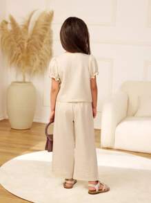 少女圆领泡泡袖蝴蝶结装饰优雅T恤和裤子两件套 - 米色 - 查看 2