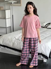 Dazy Kids 女童字母图案T恤和格子睡裤套装 - 粉色 - 查看 4