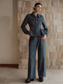 MOTF PREMIUM BUTTON UP PEPLUM TOP & SLANT POCKET JEANS DENIM SET - Blue - View 3