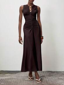 Lumivelle Váy dài xếp ly không tay khoét sâu đính hạt cho nữ, tôn dáng, Xuân/Hè - Cà phê - Xem 4