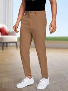 Calvornis Men's Solid Color Straight Leg Loose Casual Suit Pants With Pockets - Brown - View 3