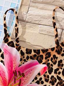 SHEIN Tween Girls Leopard Print Hibiscus Flower, Vacation, Beach Essentials, Beach, #Coconutgirl Minimalist Design One-Piece Swimsuit, Suitable For Summer - Multicolor - View 3