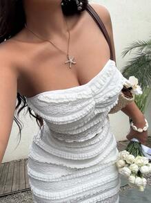 Sunnyshic 大码女式两件套西装，浪漫假日白色波浪纹蕾丝开衩裙 + 合身吊带背心，休闲性感度假装，返校季 - 白色 - 查看 1