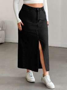 RueChic Plus High Waist Front Slit Denim Skirt - Black - View 6