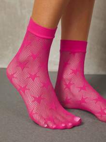 SHEIN ICON Black Star Jacquard Fishnet Ankle Socks, Sexy Star Patterned Tights - Rose Red - View 3