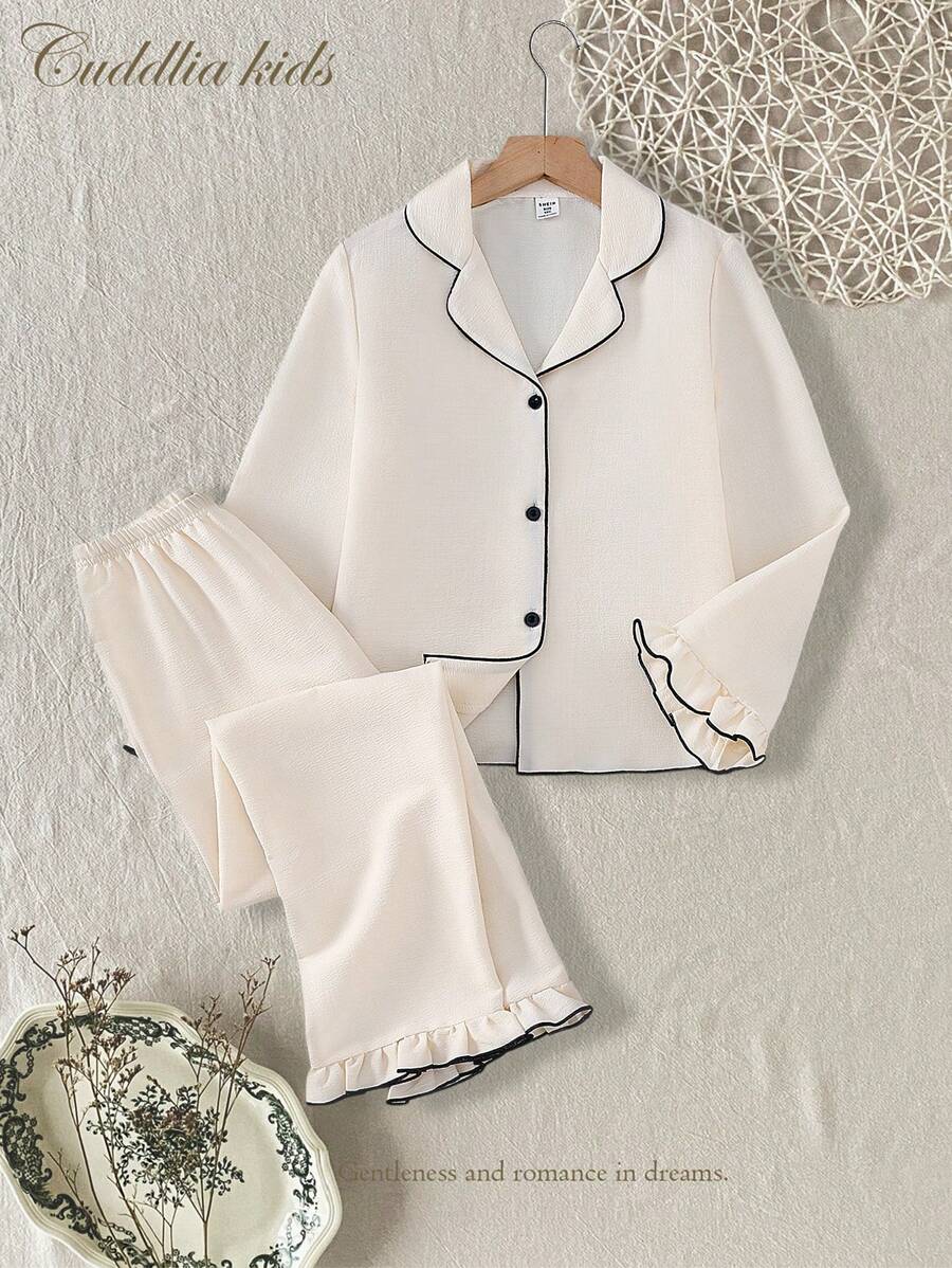 2pcs/Set Tween Girls Casual Contrast Color Edge Ruffle Collar Cardigan Homewear Set, Pink - Apricot - View 1