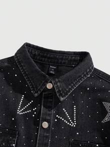 ROMWE MEN Street Life Men's Pentagram Rhinestone Embellished Star Denim Jacket, Fashion For Summer - Black - View 4