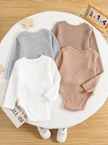 Bộ đồ liền thân dệt kim tay dài màu trơn unisex 4 món cho trẻ sơ sinh, bộ đồ liền thân cơ bản thường ngày, thích hợp cho mùa thu, xuân, đông - Nhiều màu - Xem 3