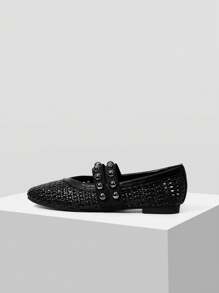 MOTF PREMIUM SUMMER BREATHABLE WOVEN MARY JANE SHOES, FASHIONABLE ELEGANT COMFORTABLE ROUND TOE HOLLOW OUT FLAT SHOES FOR WOMEN - Black - View 3