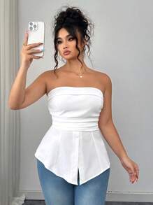 Elenzga Plus Size Women Strapless Textured Knitted Tube Peplum Top, Back Drawstring Design, Fashionable Casual Sexy Blouse, Suitable For Spring Summer Wear