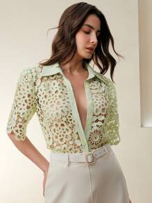 Anewsta 女士优雅镂空花卉蕾丝衬衫，适合度假、节日、海滩、节日、春夏、毕业典礼 - 綠色 - 查看 7